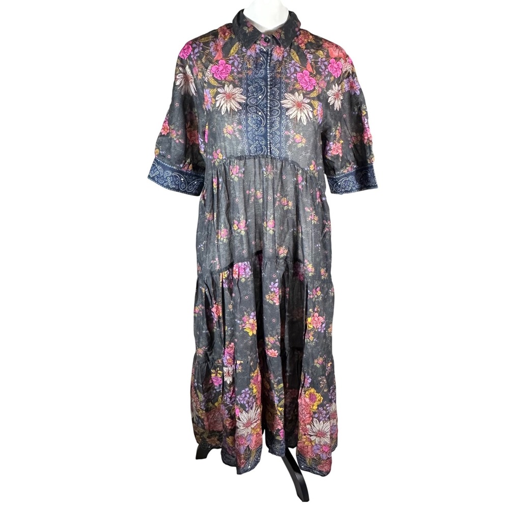Natural Life Rebecca Midi NWT Women Medium Gray Floral Paisley Tiered Dress